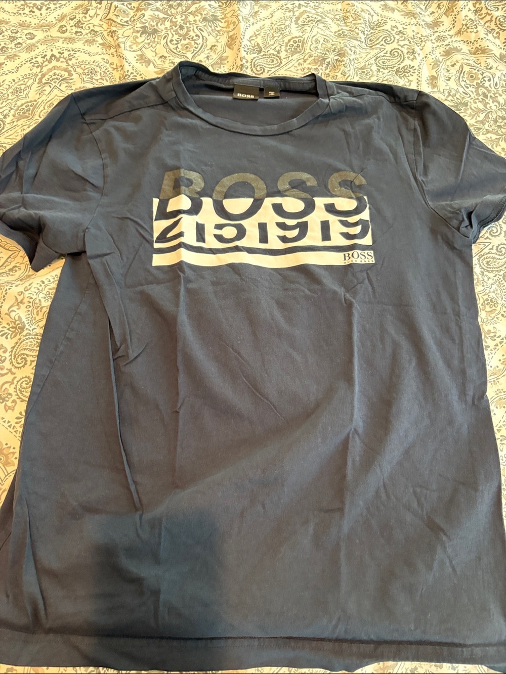 BOSS Navy Short-Sleeve Logo Tee with Cream Graphic
